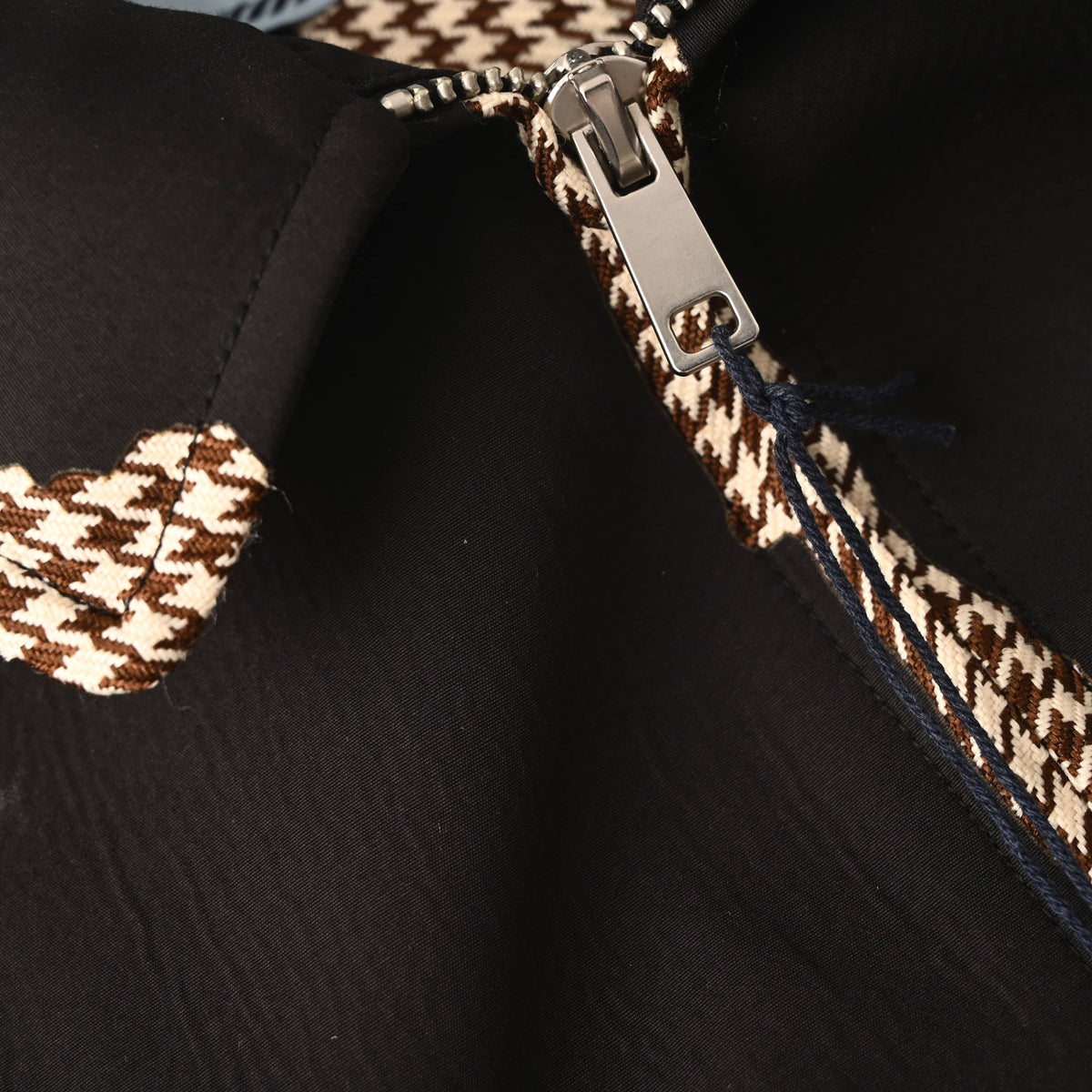 Prada Black Houndstooth Cropped Zip-Up Jacket with Contrast Cuffs