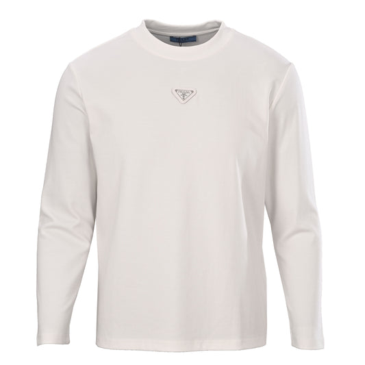 Prada Cotton-Blend Long Sleeve T-Shirt with Metal Triangle Logo