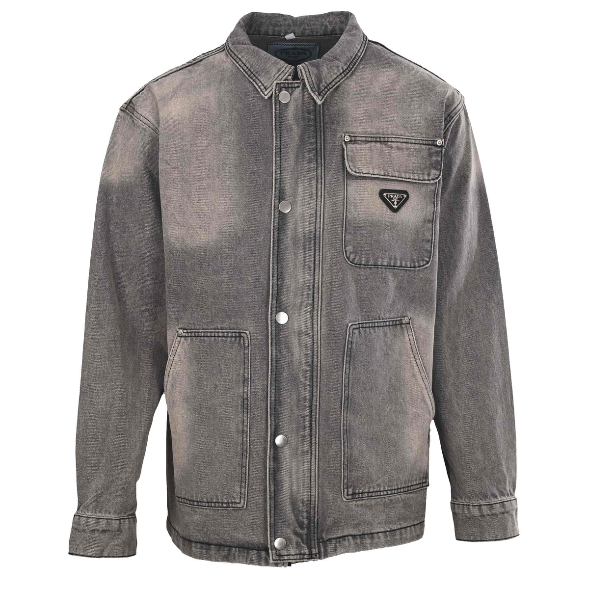 Prada Washed Gray Heavyweight Denim Jacket with Multiple Pockets