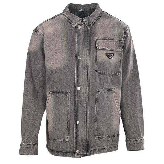 Prada Washed Gray Heavyweight Denim Jacket with Multiple Pockets