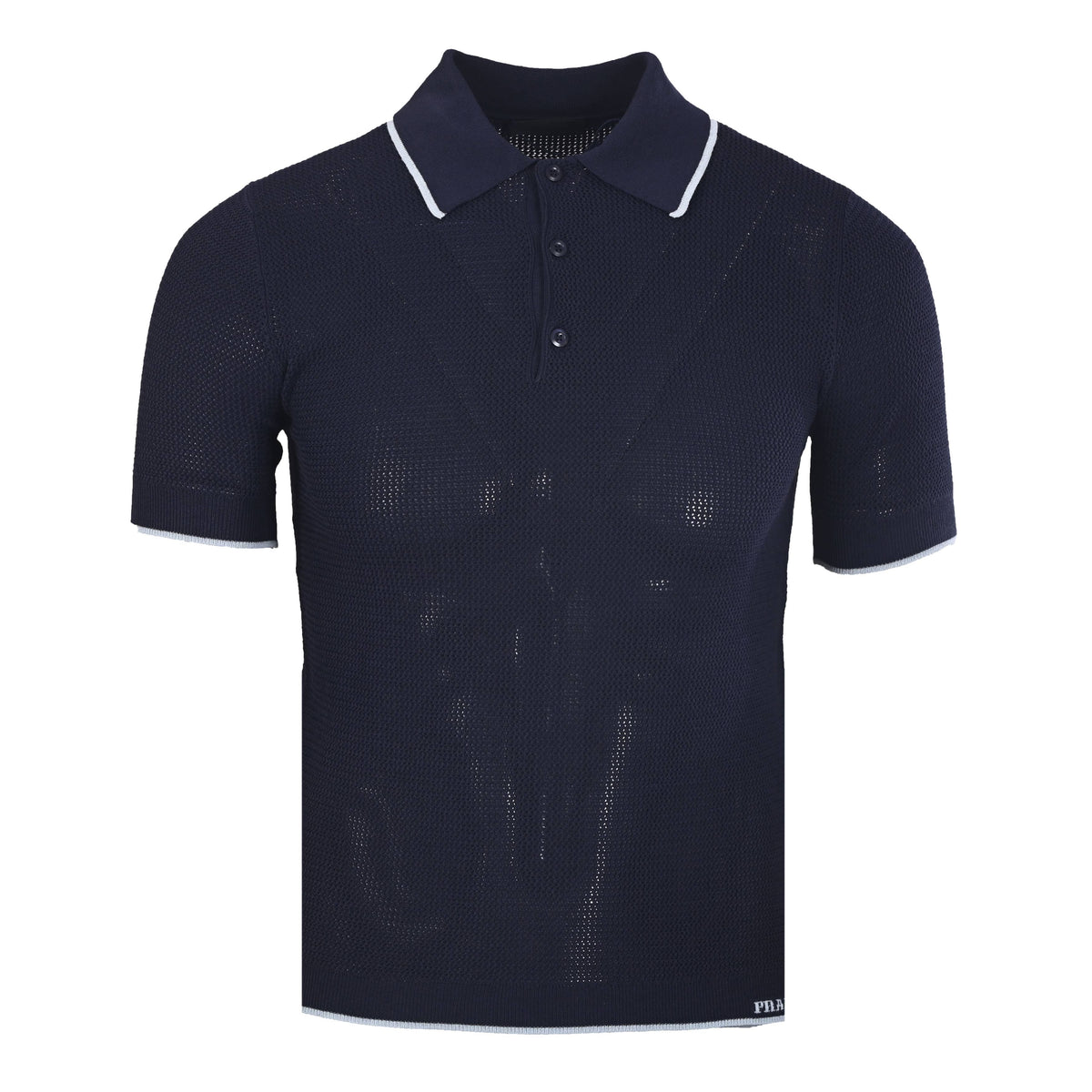 PRADA Navy Open-Knit Short-Sleeve Polo Shirt with Contrast Trim