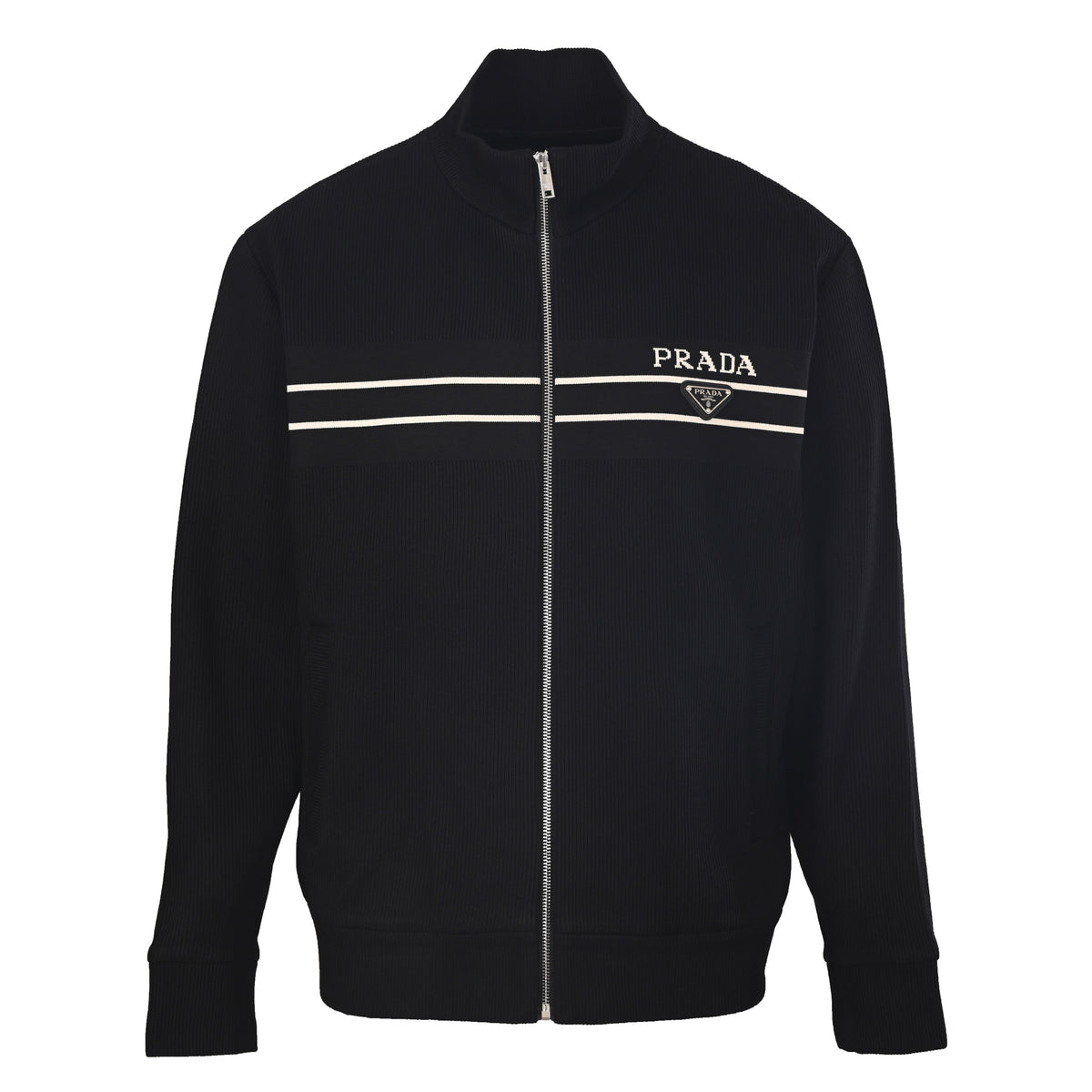 Prada Unisex Striped Stand-Collar Knit Cardigan with Triangle Logo