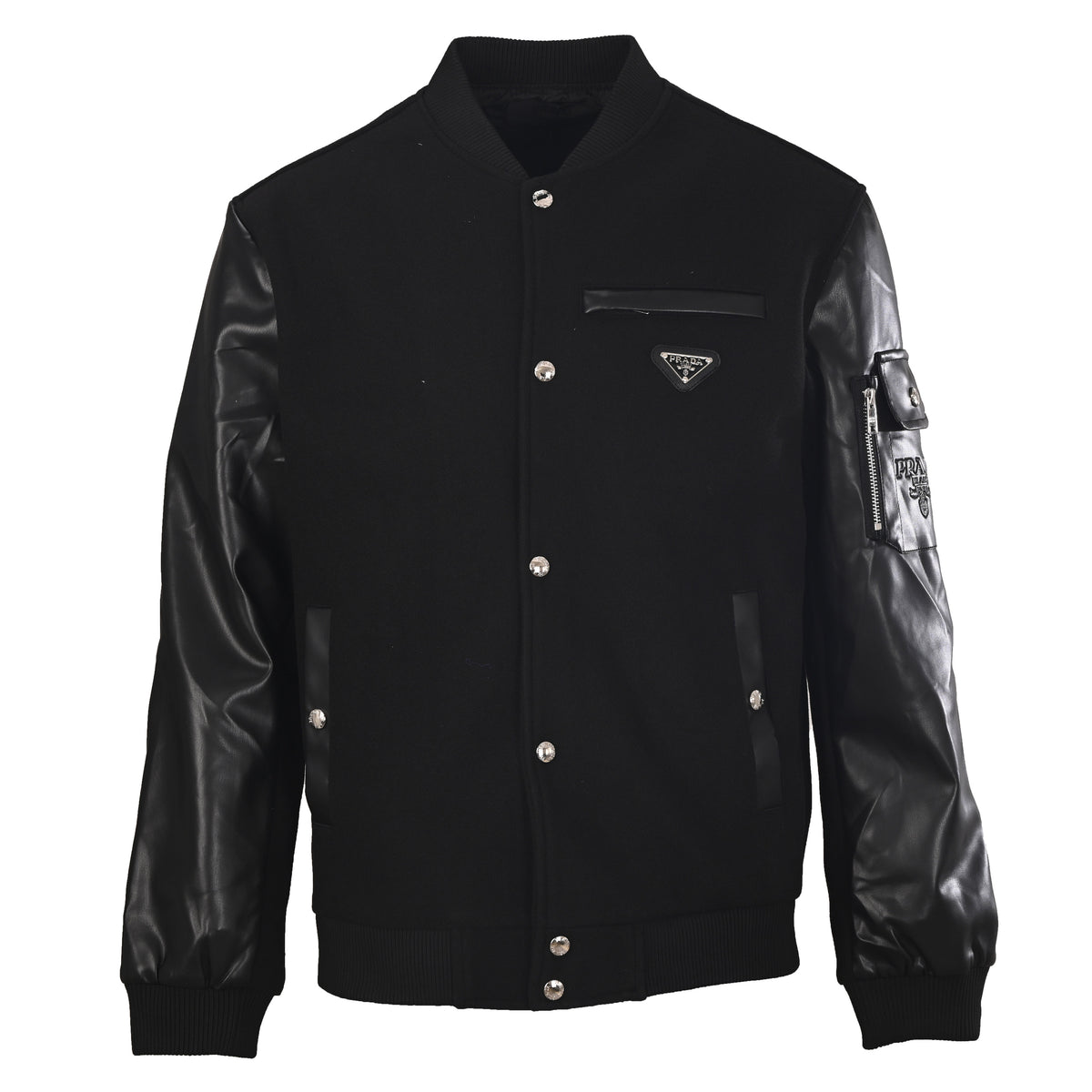 Prada Black Varsity Jacket with Leather-Panel Sleeves & Triangle Logo