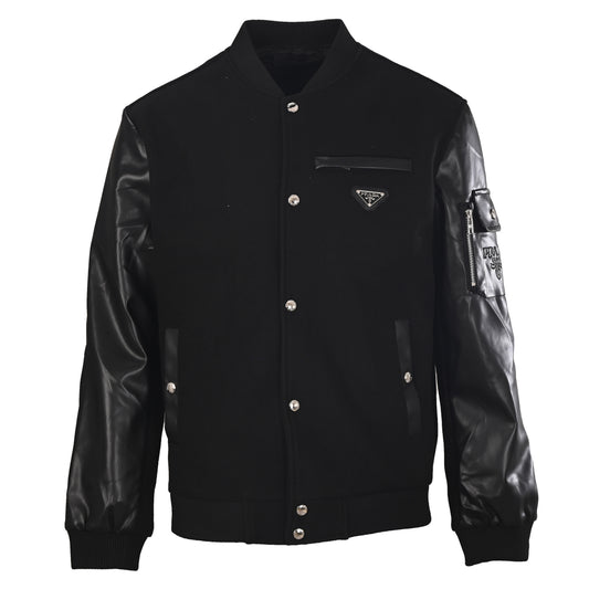 Prada Black Varsity Jacket with Leather-Panel Sleeves & Triangle Logo