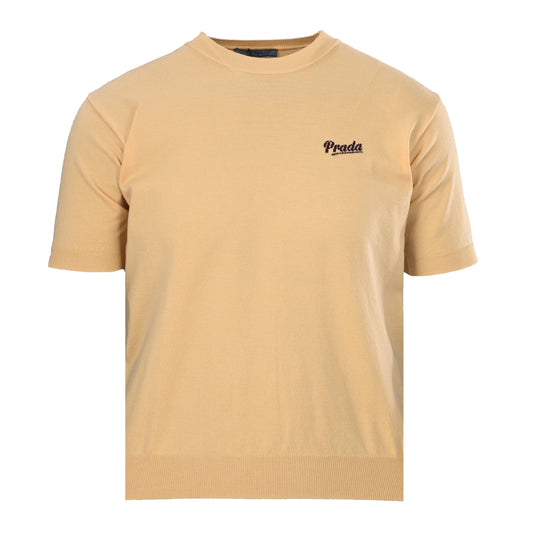 PRADA Beige Intarsia Logo Short-Sleeve Knit T-Shirt