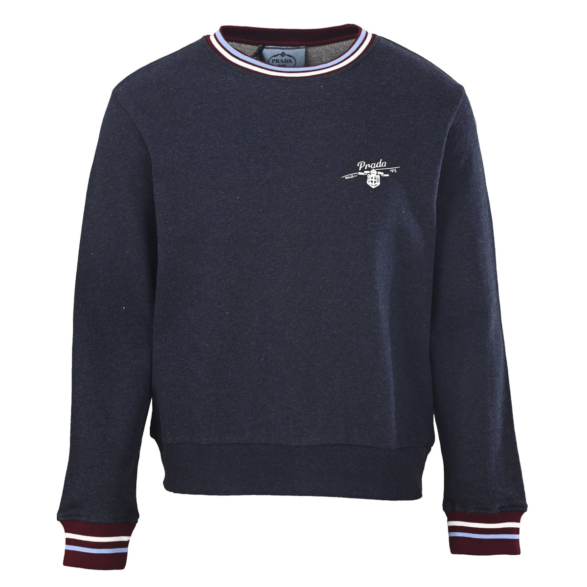Prada Relaxed-Fit Fleece Crewneck Sweatshirt with Striped Trim