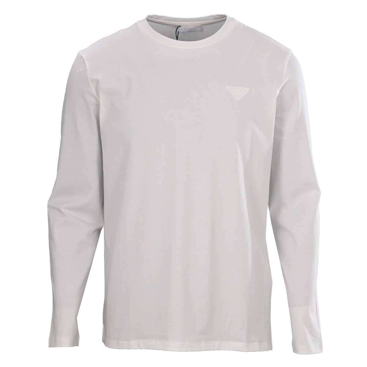 Prada Stretch Cotton Long Sleeve T-Shirt with Tonal Triangle Embroidery