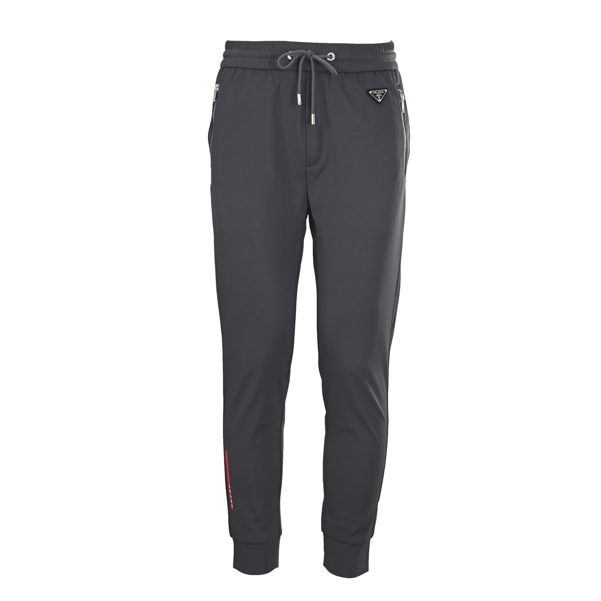 PRADA Charcoal Drawstring Joggers with Red Stripe Detail