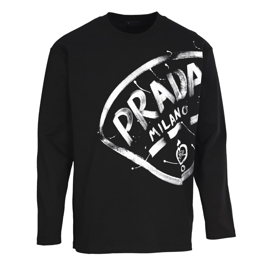 Prada Paint-Splatter Logo Oversized Cotton Long Sleeve T-Shirt