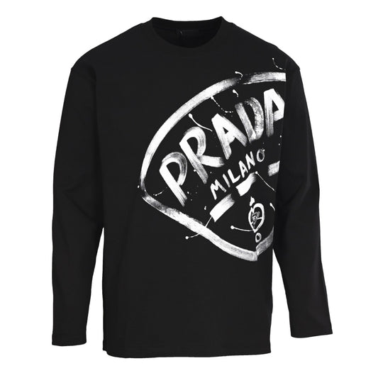 Prada Paint-Splatter Logo Oversized Cotton Long Sleeve T-Shirt