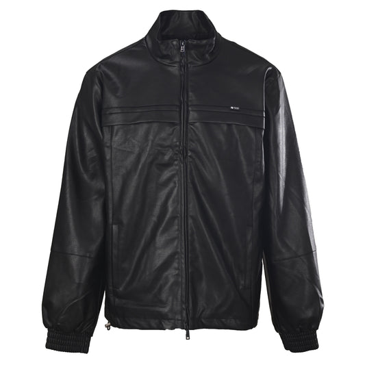 Prada Unisex Black Leather Jacket with Stand Collar & Drawstring Hem