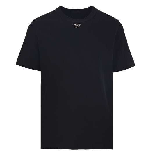 Prada Metal Triangle Logo Short Sleeve T-Shirt in Heavyweight Cotton Waffle Knit