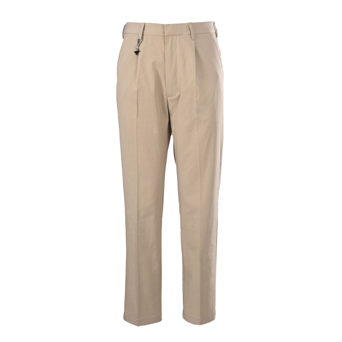 PRADA Beige Pleated Tailored Trousers with Triangle Keyring