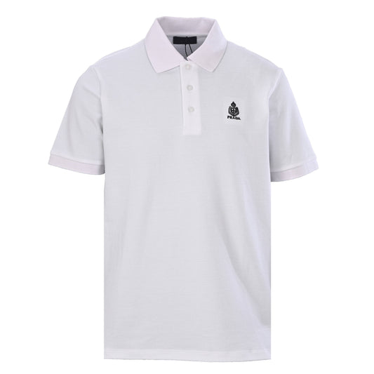 Prada Shield Logo Short Sleeve Pique Polo Shirt with Striped Trim