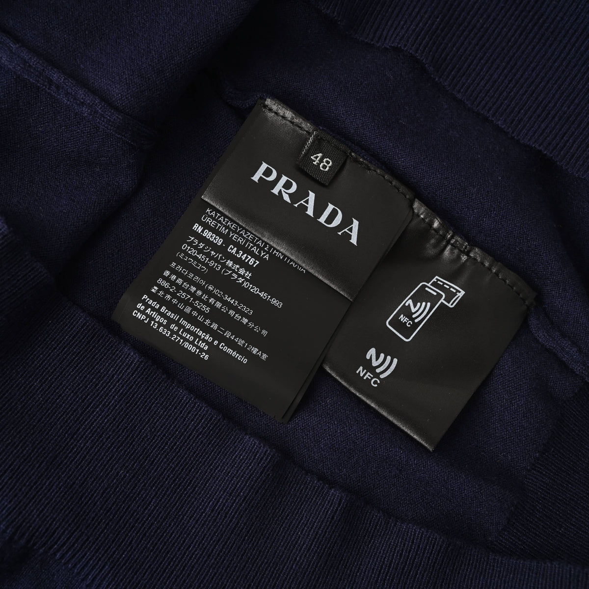 PRADA Navy Intarsia Logo Short-Sleeve Knit T-Shirt