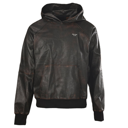 Prada Distressed Leather Hooded Jacket with Raglan Sleeves