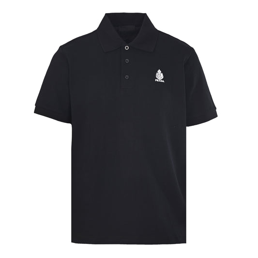 Prada Shield Logo Short Sleeve Pique Polo Shirt with Striped Trim
