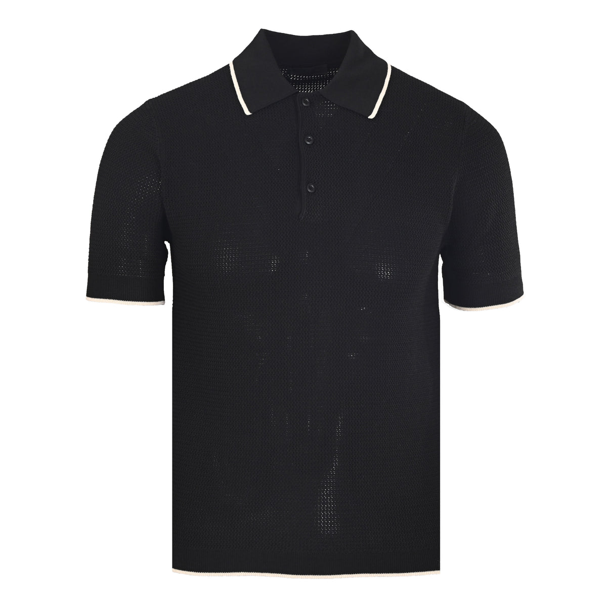 PRADA Black Mesh Knit Short-Sleeve Polo with Contrast Trim