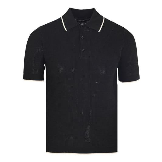 PRADA Black Mesh Knit Short-Sleeve Polo with Contrast Trim
