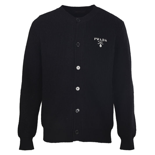 Prada Chunky Knit Wool Cardigan with Embroidered Logo