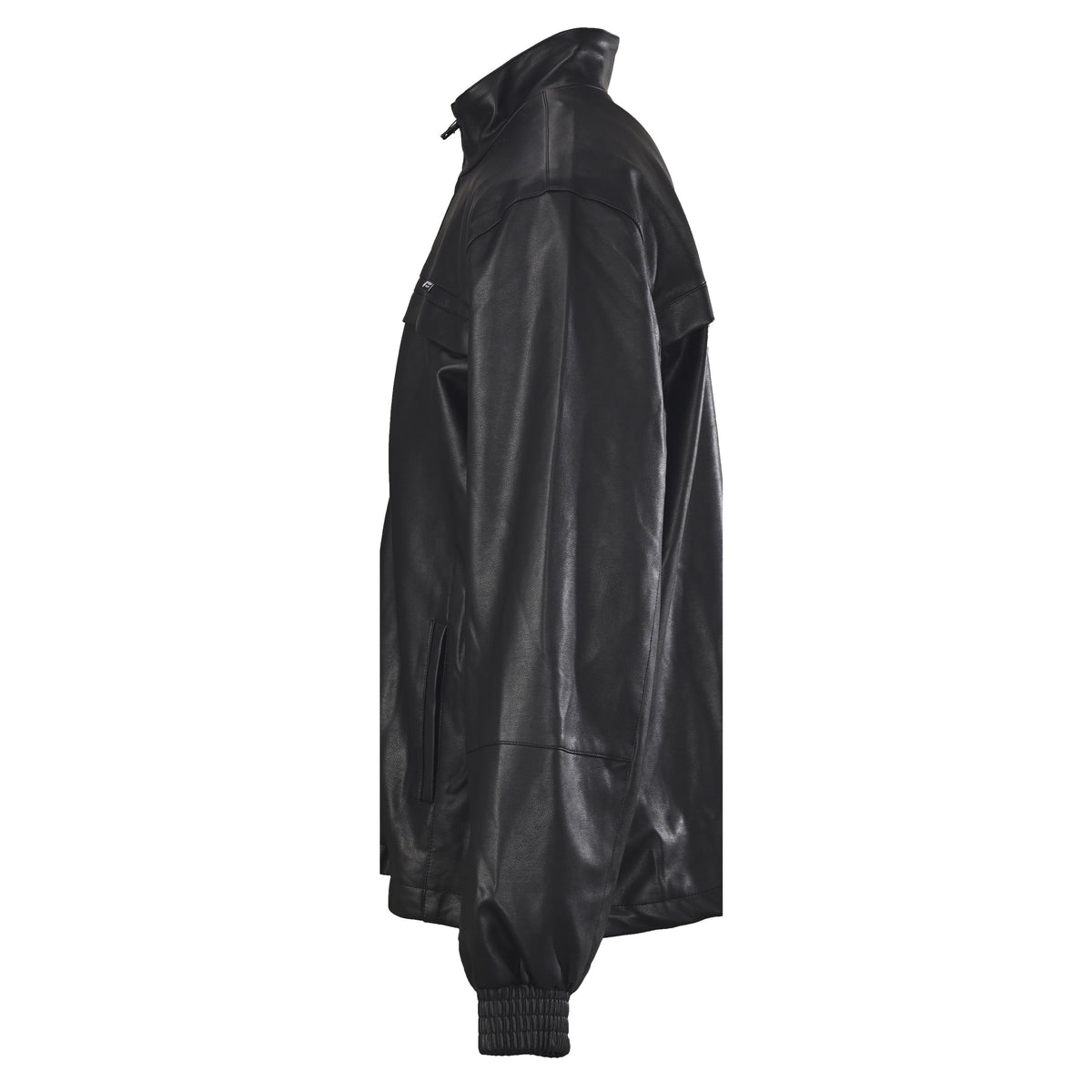 Prada Unisex Black Leather Jacket with Stand Collar & Drawstring Hem