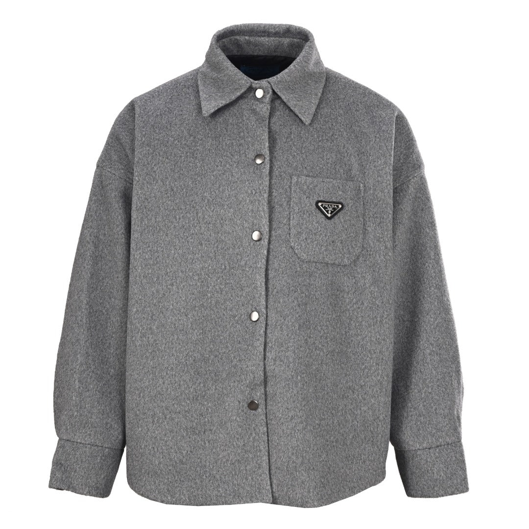 Prada Gray Oversized Cashmere-Face Shirt Jacket with Triangle Logo