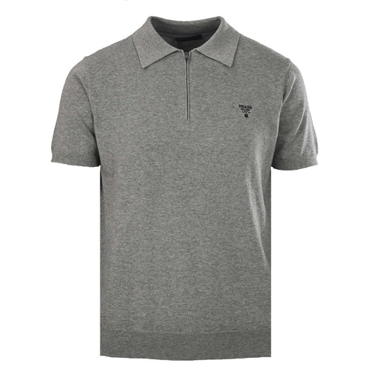 Prada Triangle Embroidery Wool Zip-Neck Short-Sleeve Polo Shirt