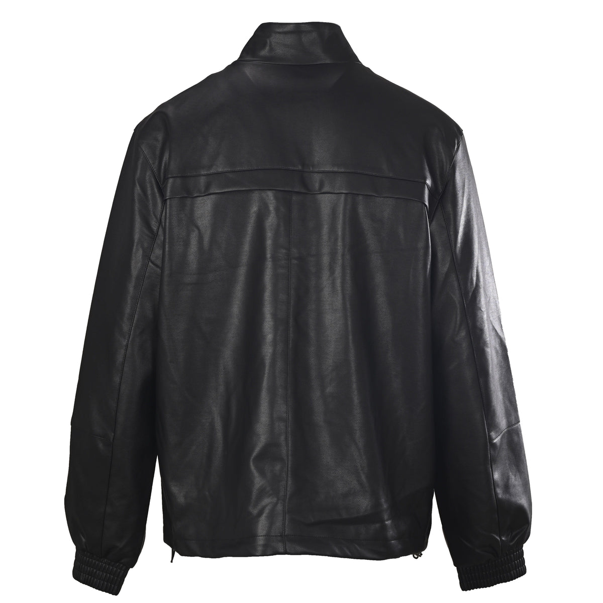 Prada Unisex Black Leather Jacket with Stand Collar & Drawstring Hem