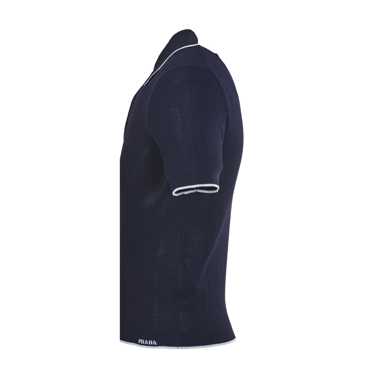 PRADA Navy Open-Knit Short-Sleeve Polo Shirt with Contrast Trim