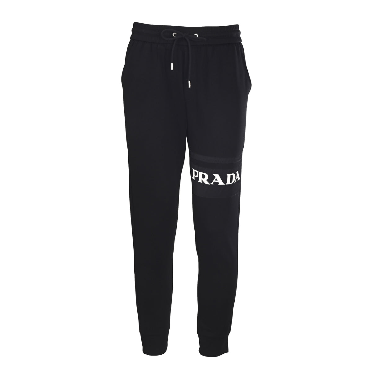 PRADA Black Logo-Panel Tapered Joggers with Red Pocket Detail