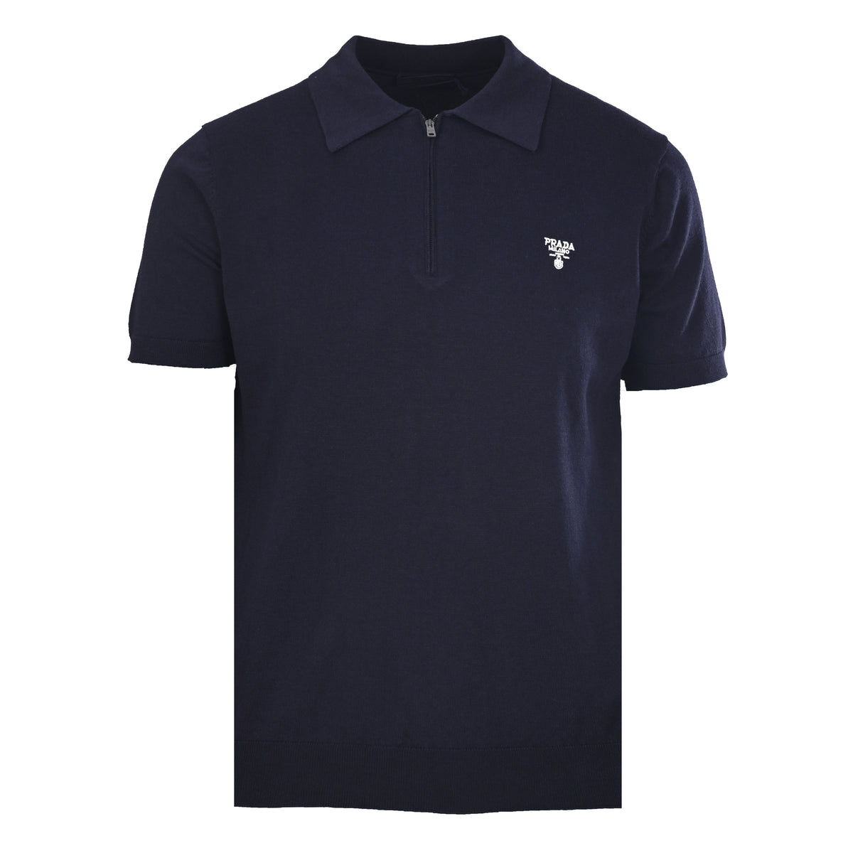 Prada Triangle Embroidery Wool Zip-Neck Short-Sleeve Polo Shirt