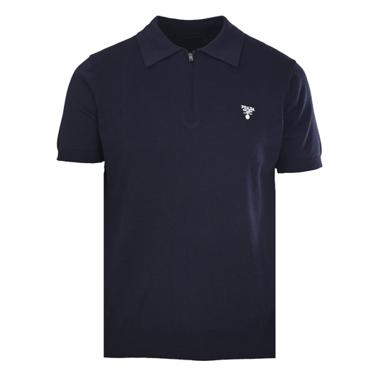 Prada Triangle Embroidery Wool Zip-Neck Short-Sleeve Polo Shirt
