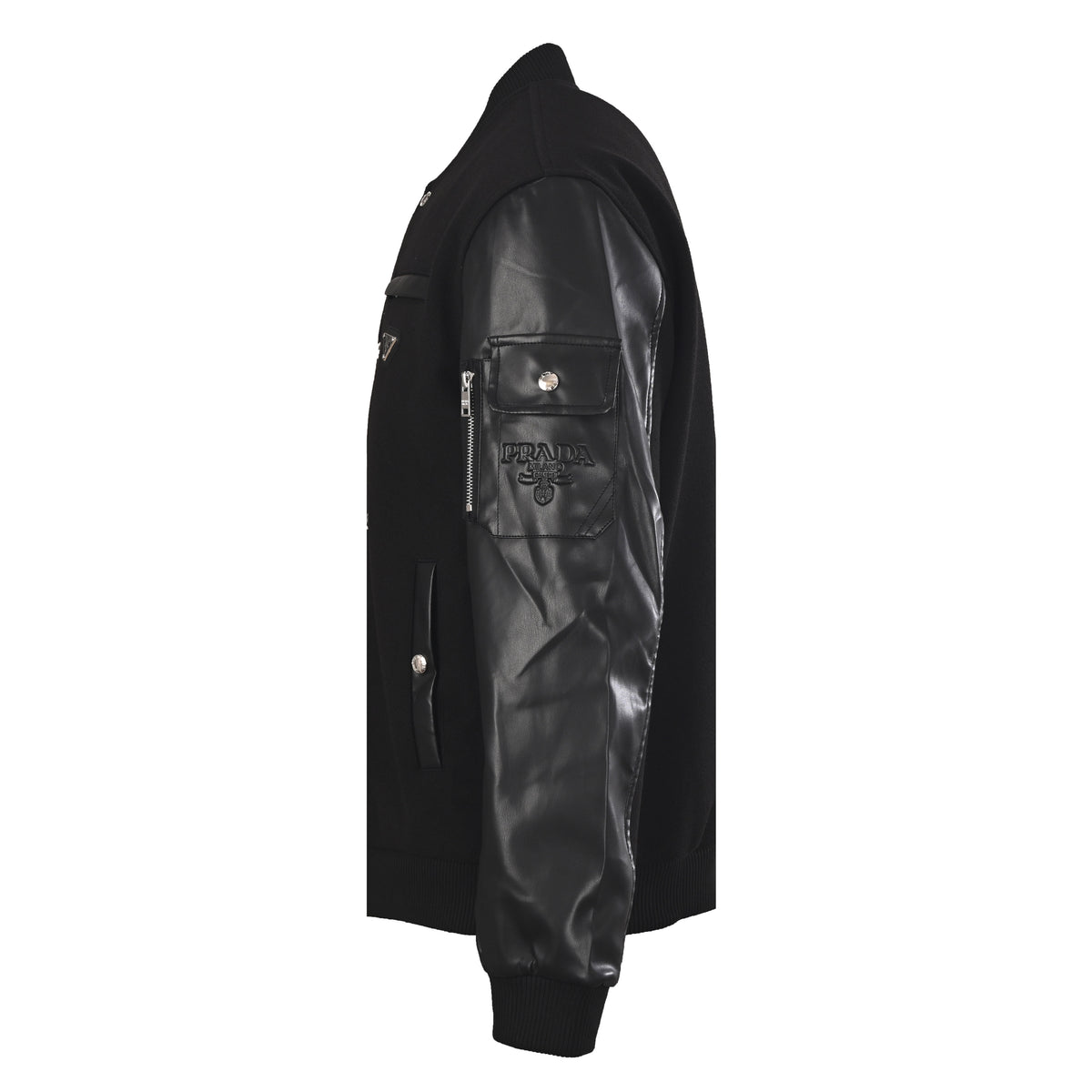 Prada Black Varsity Jacket with Leather-Panel Sleeves & Triangle Logo