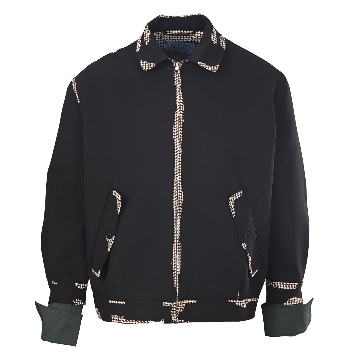 Prada Black Houndstooth Cropped Zip-Up Jacket with Contrast Cuffs