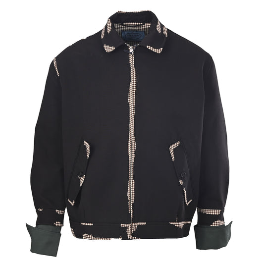 Prada Black Houndstooth Cropped Zip-Up Jacket with Contrast Cuffs