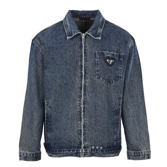 Prada Cropped Distressed Denim Zip-Up Jacket with Triangle Logo