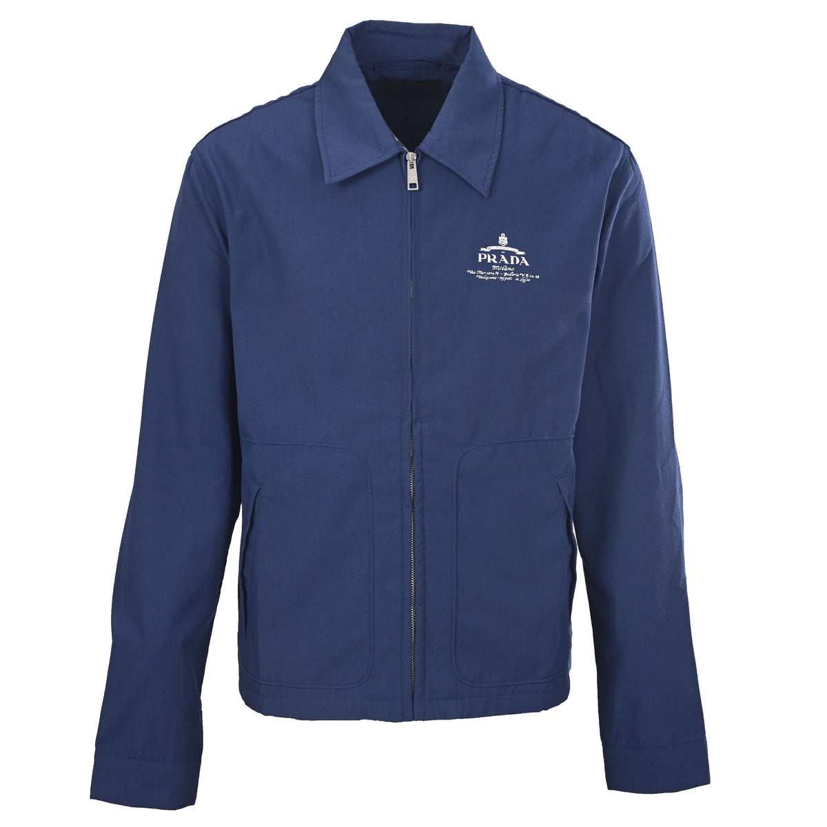 Prada Fitted Oxford Fabric Jacket with Distressed Logo Print