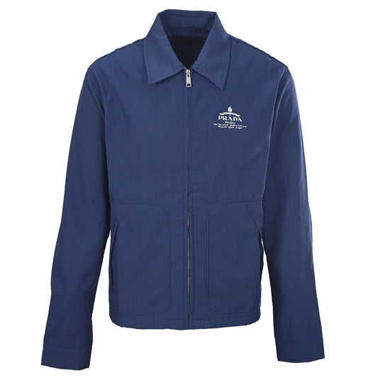 Prada Fitted Oxford Fabric Jacket with Distressed Logo Print