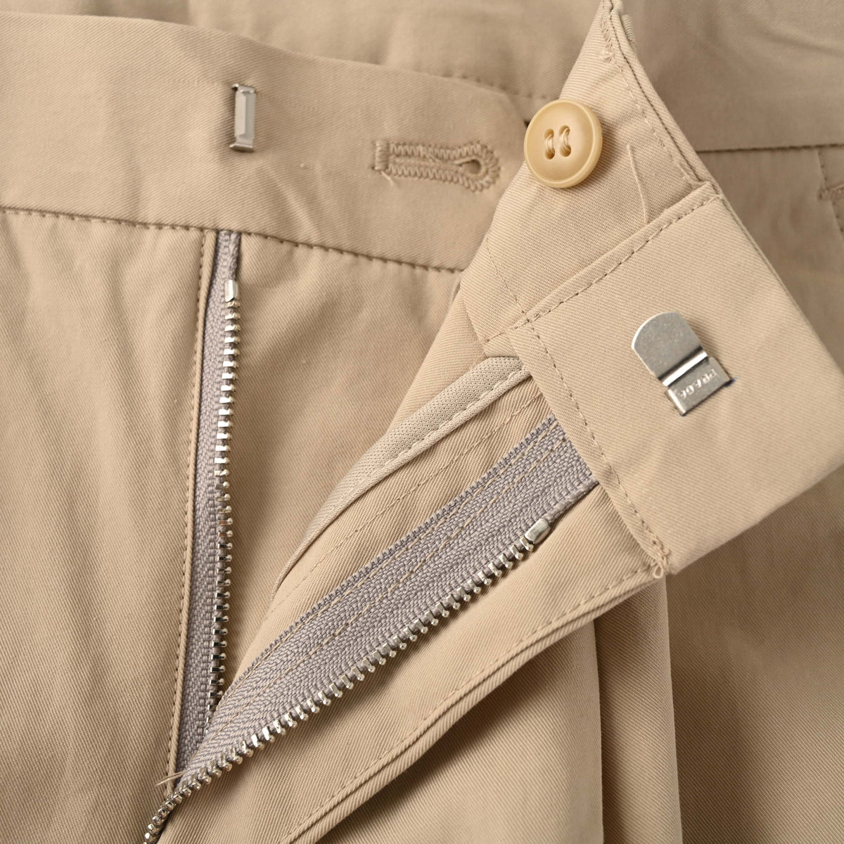 PRADA Beige Pleated Tailored Trousers with Triangle Keyring
