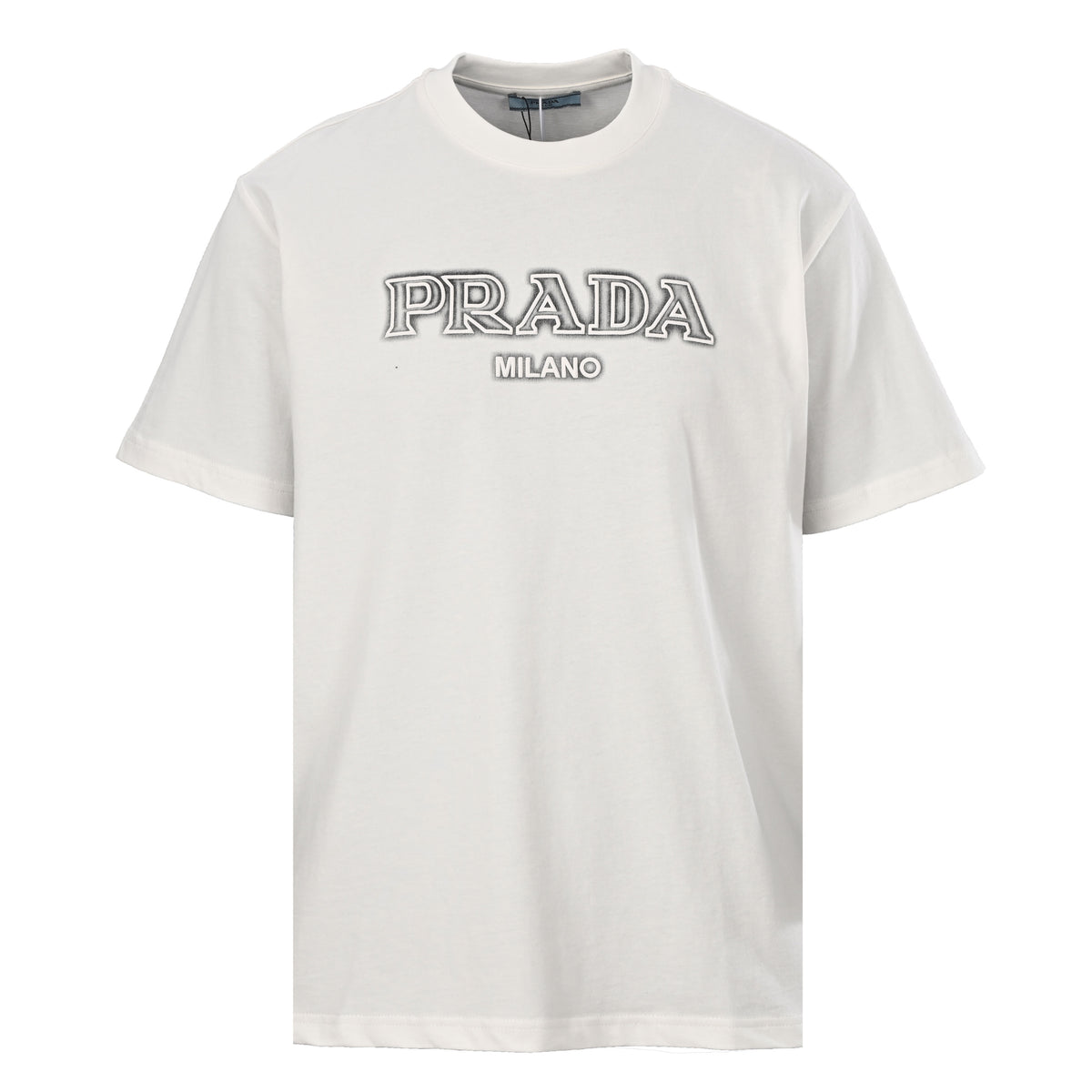 Prada Unisex Short Sleeve T-Shirt with Gray Puff Print Lettering