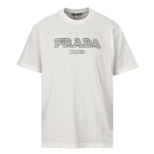 Prada Unisex Short Sleeve T-Shirt with Gray Puff Print Lettering