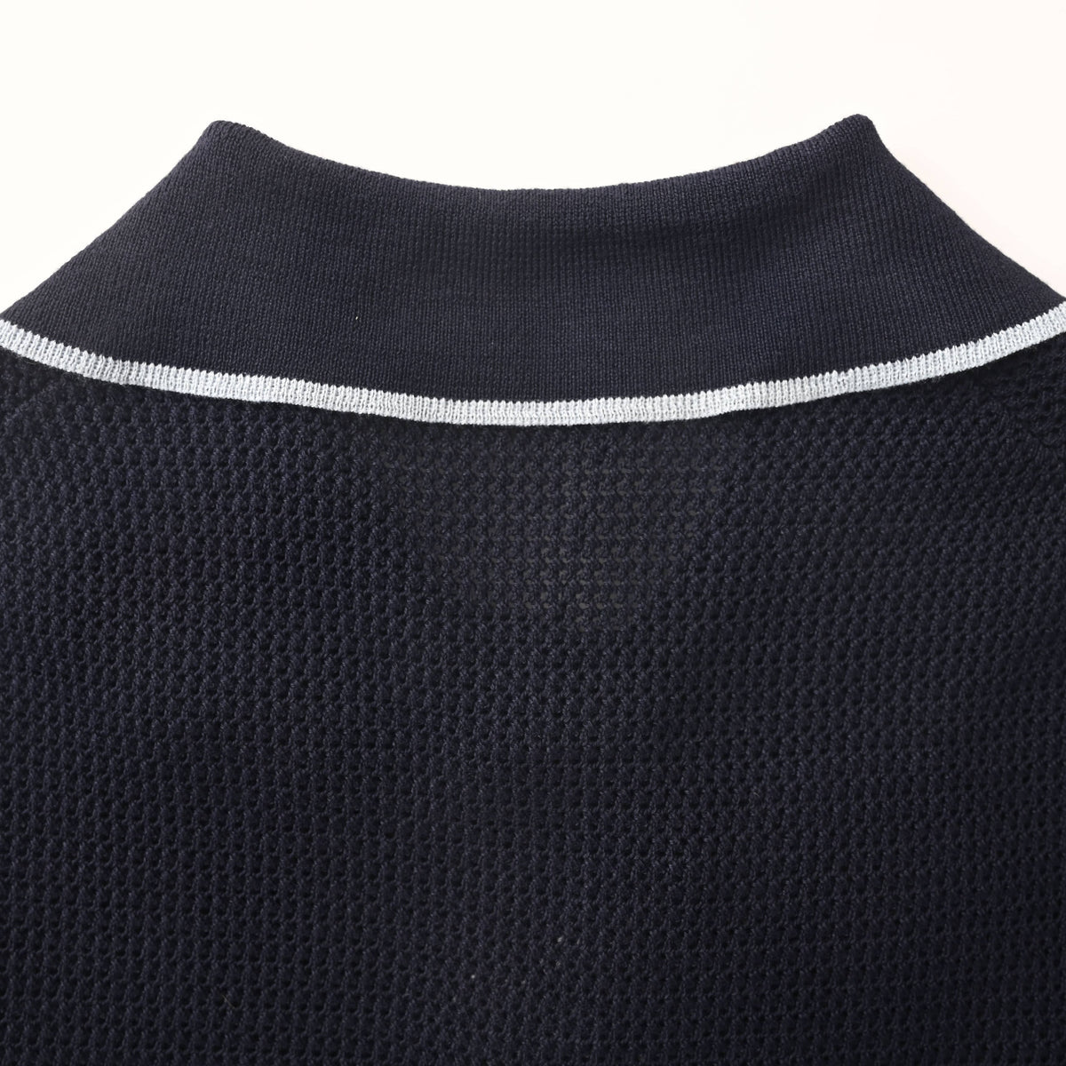 PRADA Navy Open-Knit Short-Sleeve Polo Shirt with Contrast Trim