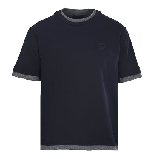 PRADA Navy Cotton Layered-Look T-Shirt with Gray Trim