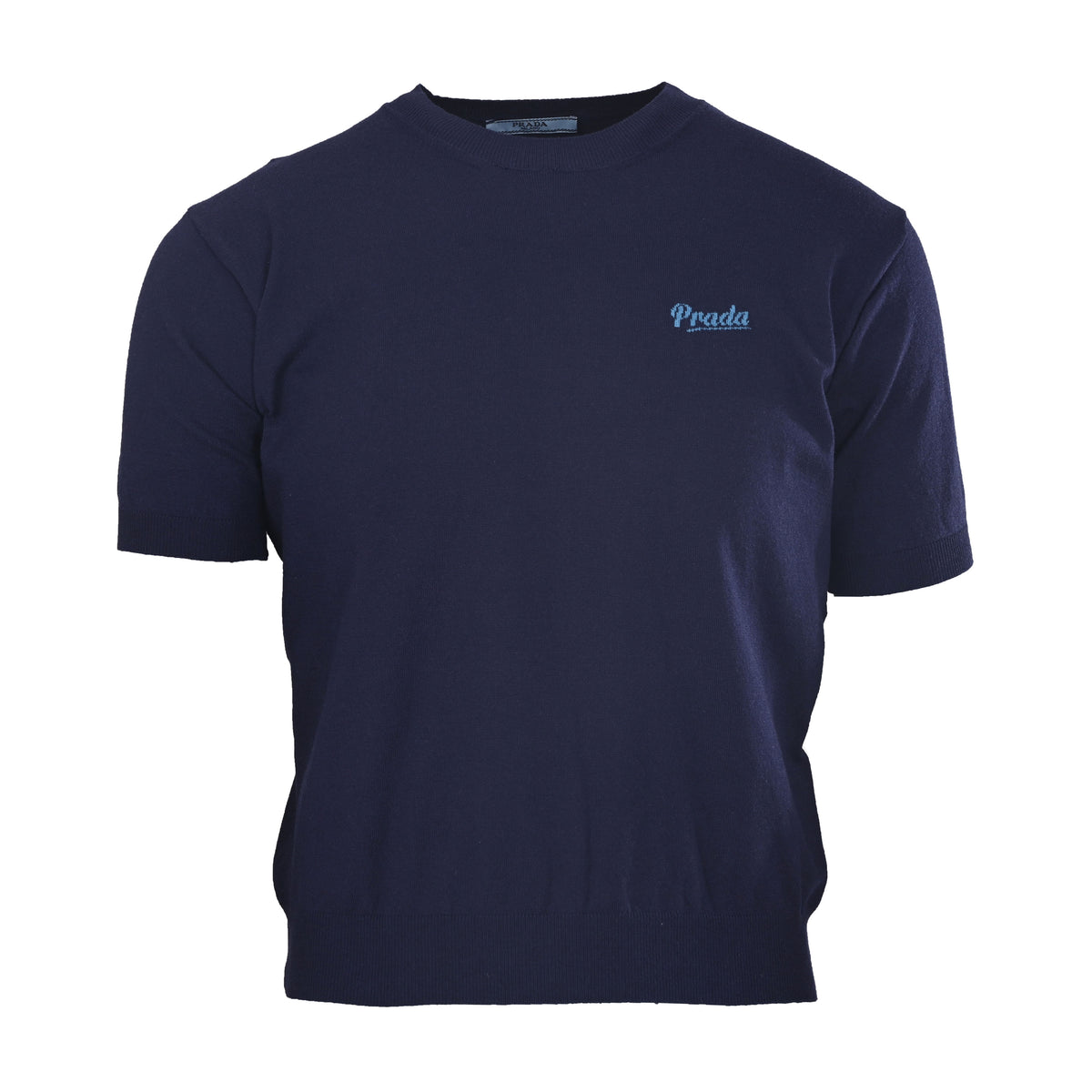 PRADA Navy Intarsia Logo Short-Sleeve Knit T-Shirt