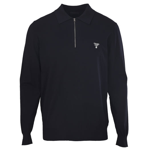 Prada Embroidered Half-Zip Long Sleeve Knit Polo Shirt