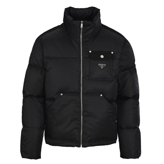 Prada Recycled Nylon Stand-Collar Down Jacket with Flap Pockets