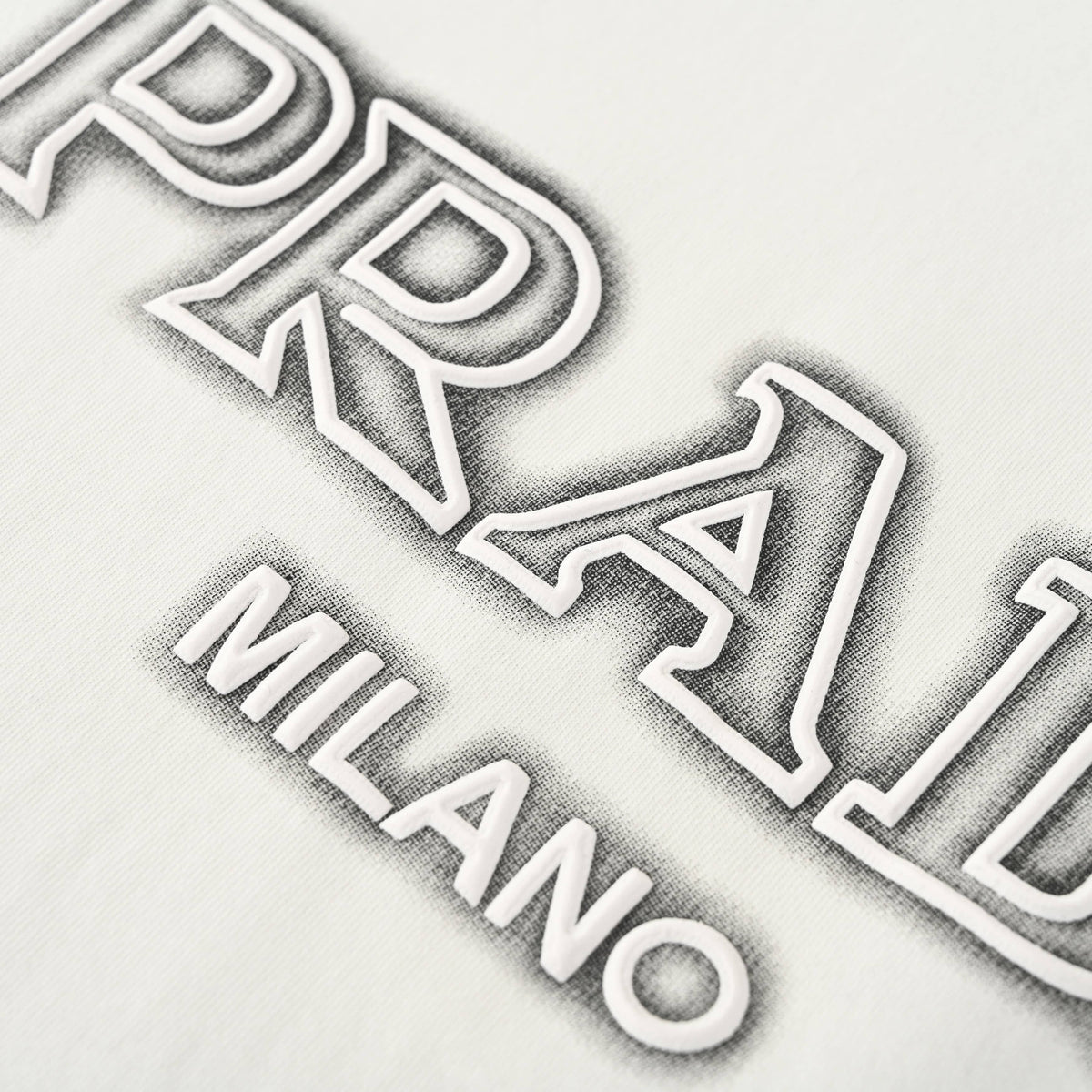 Prada Unisex Short Sleeve T-Shirt with Gray Puff Print Lettering