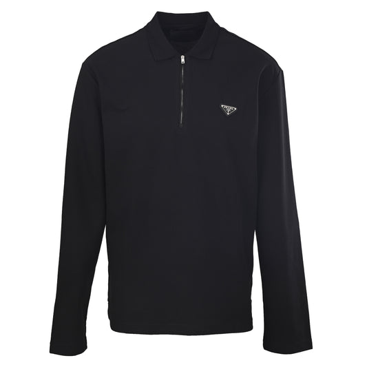 Prada Triangle Logo Half-Zip Long Sleeve Cotton Pique T-Shirt