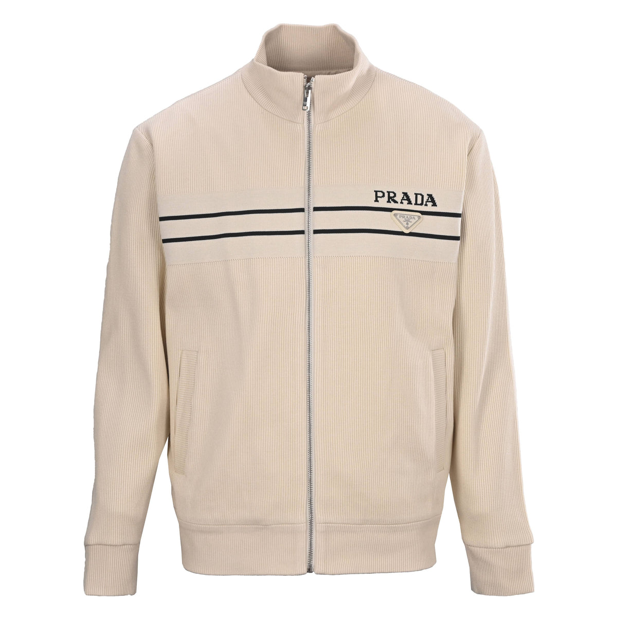 Prada Unisex Striped Knit Zip-Up Cardigan with Stand Collar